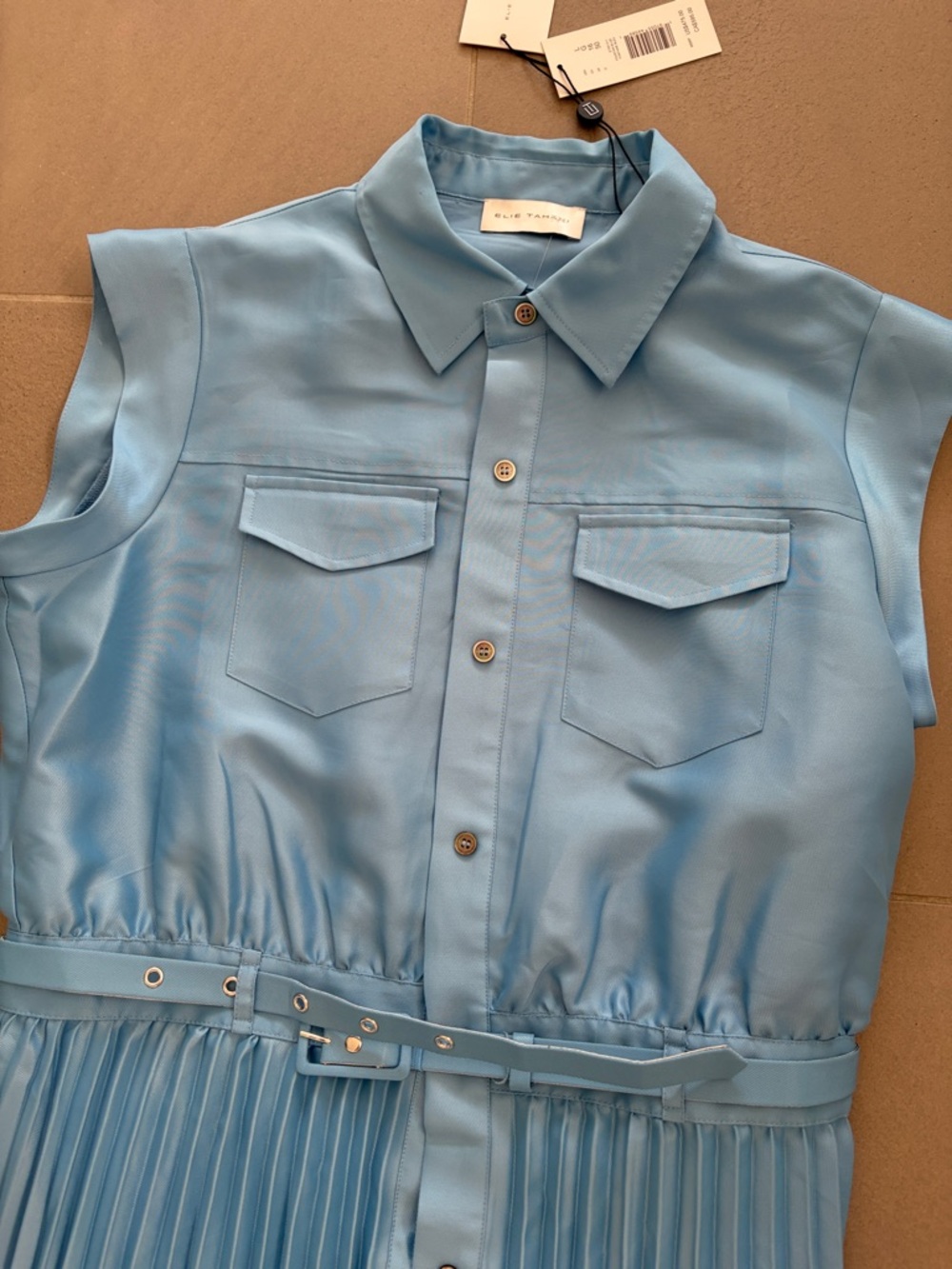 Elie Tahari Natalya blue pleated shirt dress with belt, length 49",NWT - Picture 7 of 16